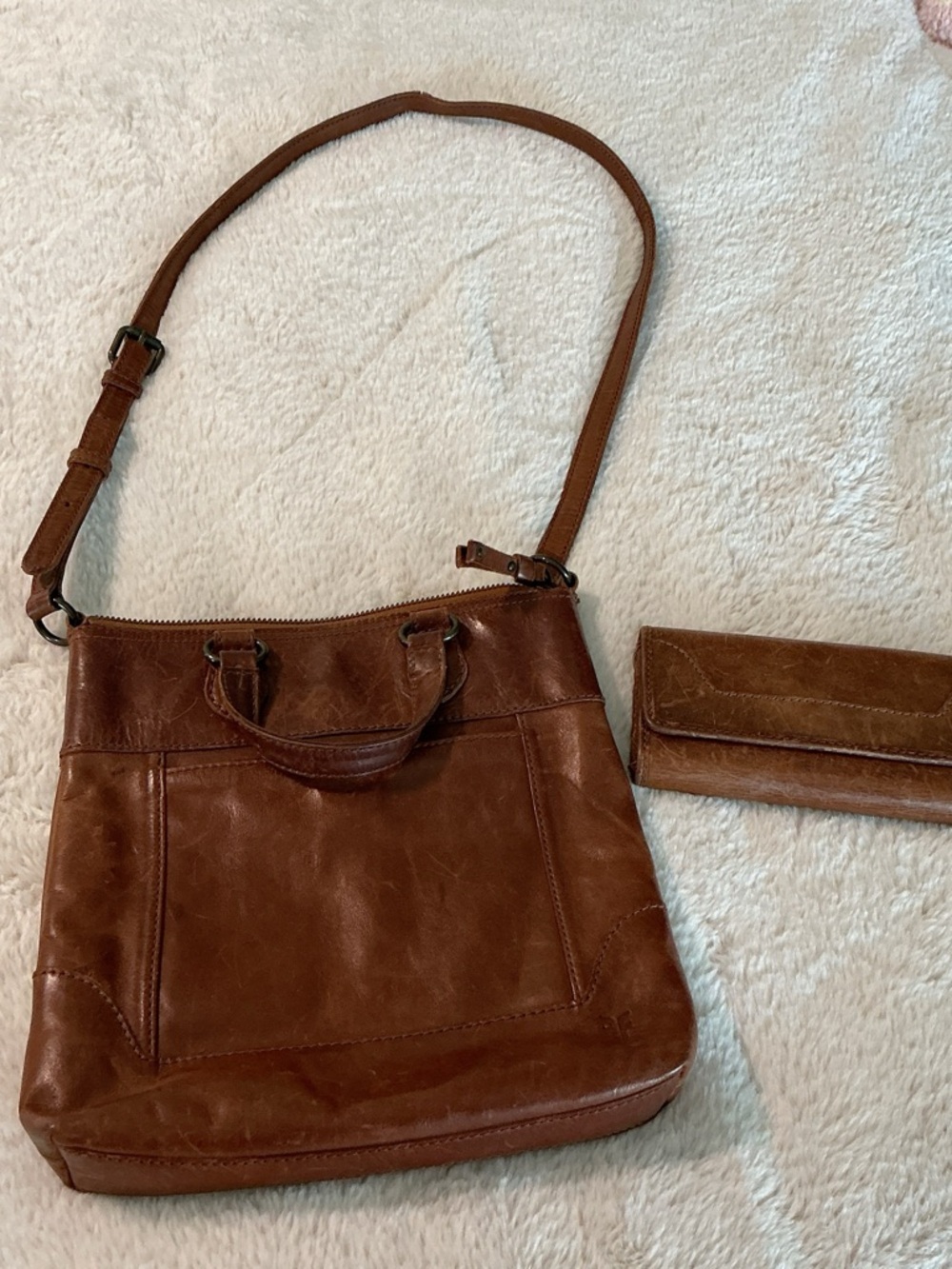 FRYE Classic Brown Leather Crossbody Tote and Matching Wallet